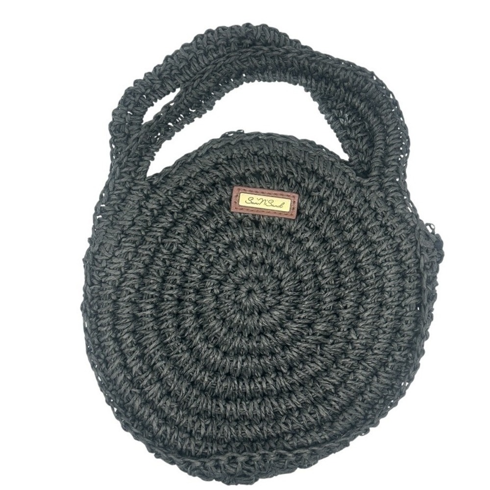Sun N' Sand Gray Woven Round Straw Tote Bag Boho Beach Purse